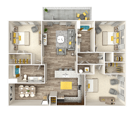 Floor plan for 3 beds, 2 baths, 1378 sqft